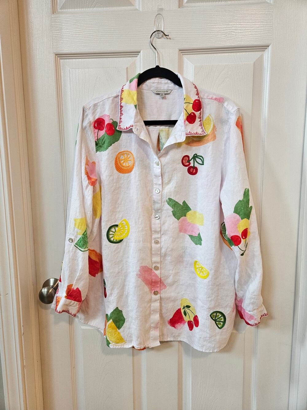 John Mark Linen Shirt XL Fruit Embroidered Citrus Cherry Button Down Colorful